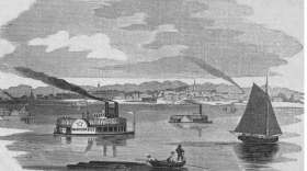 An 1854 engraving titled "View of the City of Madison, Indiana," showing several steamboats and sailboats navigating the Ohio River with the city skyline and hills in the background.