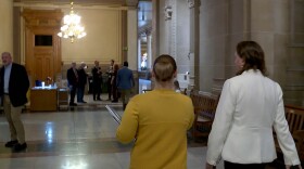 State representative Tonya Pfaff walks to meet constituents from her district at the statehouse.