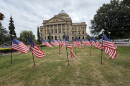 Luzerne County’s patriotic display of flags for America 250 and the county’s 240th anniversary is seen Friday, Aug. 28, outside the courthouse in Wilkes-Barre. County officials say a number of U.S. flags and the county flag were stolen from the display earlier in August.