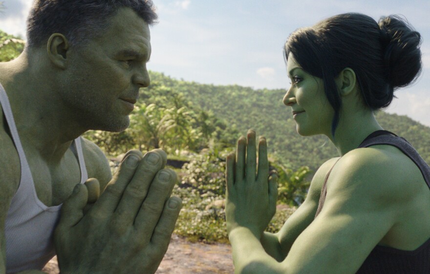 Mark Ruffalo and Tatiana Maslany face each other in a scene from ‘She-Hulk: Attorney at Law.’