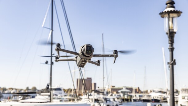 An aerial drone hovers above the Elizabeth River waterfront in Downtown Norfolk.