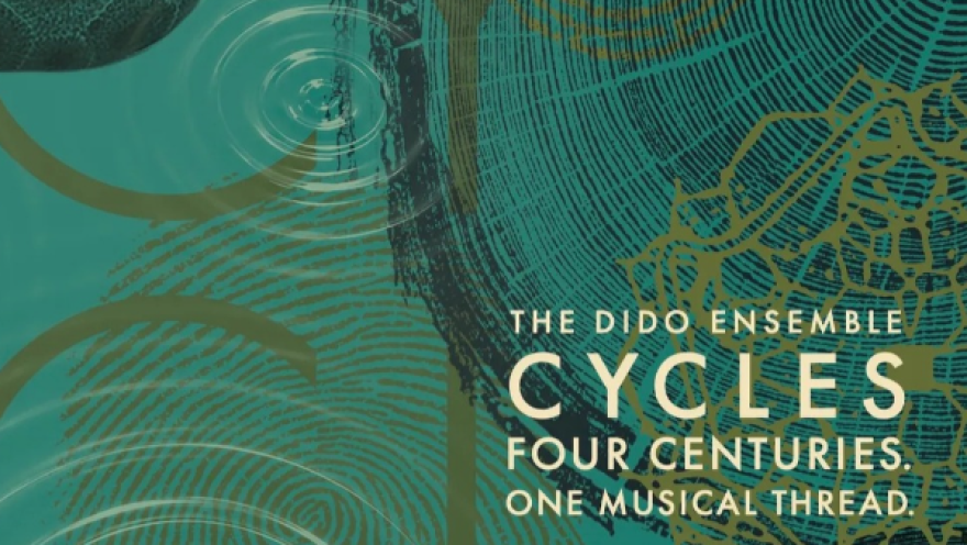 A blue and gold background with text in the lower right corner reading "The Dido Ensemble. Cycles. Four Centuries. One Musical Thread."