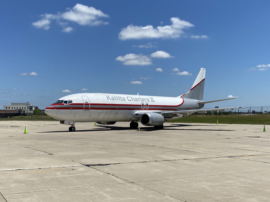A cargo airplane is seen parked at the Central Illinois Regional Airport. 