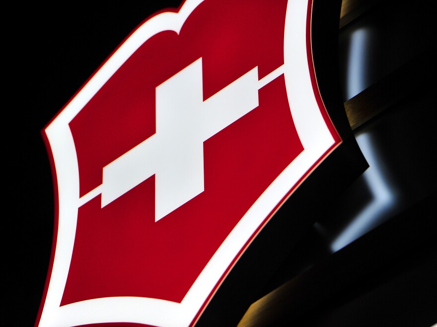 A Victorinox logo is displayed during Baselworld on March 16, 2016 in Basel, Switzerland.