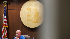 Mason Mayor Russell Whipple speaks during a Mason City Council meeting and town hall about potential data center developments in Mason, Mich., on Sept. 14, 2026.