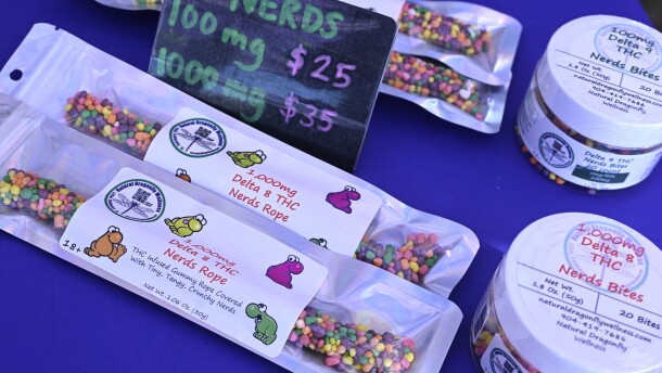 Delta 8 THC Nerds Rope gummies and Delta 8 THC Nerds Bites, legal cannabis products sold by Natural Dragonfly Wellness, are viewed at their booth during the Florida Man Games, Saturday, March 1, 2025, in Elkton, Fla.