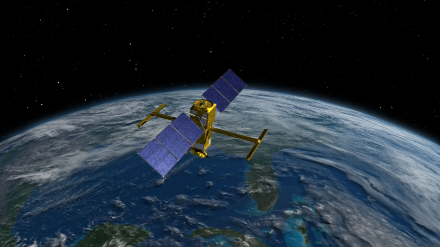 Artist rendering of a gold satellite with solar-esque panels floating above the Earth.
