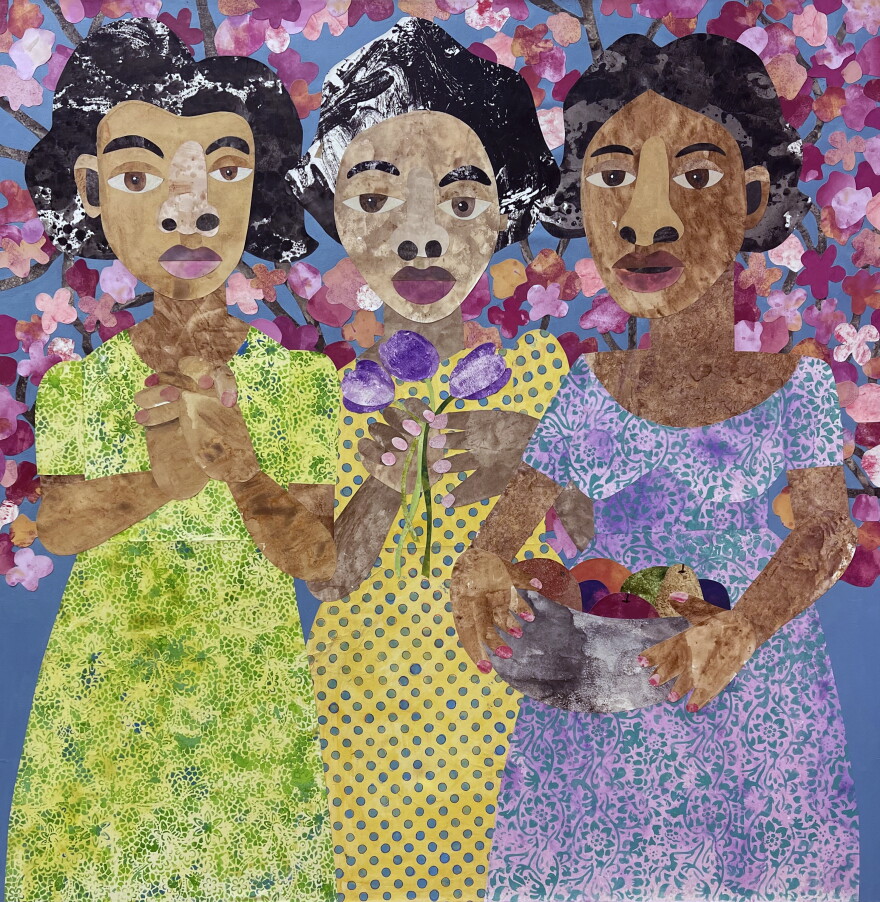 A collage-like painting of three women wearing colorful dresses and holding flowers and fruits with a pink flower blossom background.
