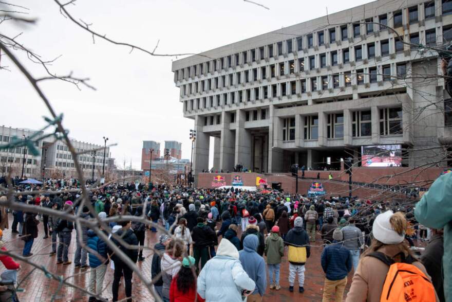 Spectators watch the 2026 Red Bull Heavy Metal Finals in Boston Hall CIty Plaza. (Artemisia Luk/WBUR)