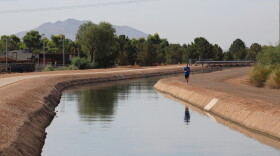 A man in a blue shirt runs next to a reflective canal with trees and a mountain in the background
