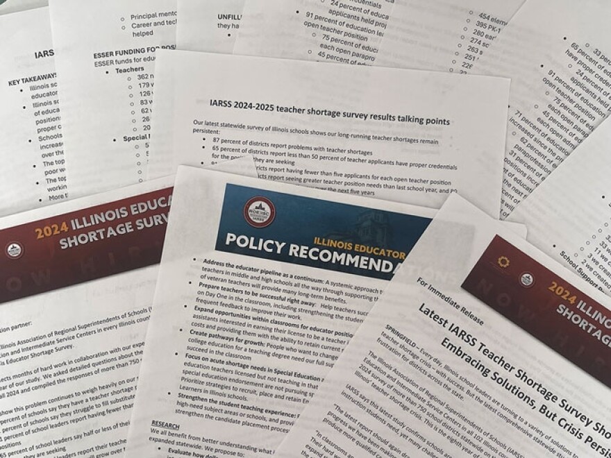 A collection of documents related to the Illinois educator shortage survey. The papers include policy recommendations, results on Illinois schools' teacher shortage, and key talking points for the 2024-2025 academic year.