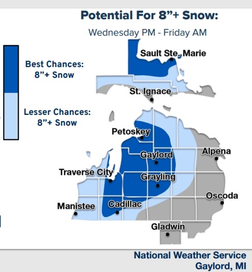 Map of possible snow totals across the region from Wednesday afternoon to Friday morning. Courtesy of the National Weather Service in Gaylord. Find the full report.