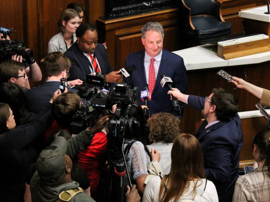 House Speaker Todd Huston (R-Fishers) speaks to reporters after the House closed its session in the early hours of April 25, 2025.