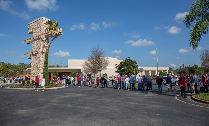 Crowds line up to get in to see Vice President Mike Pence at a Trump 2020 campaign rally.