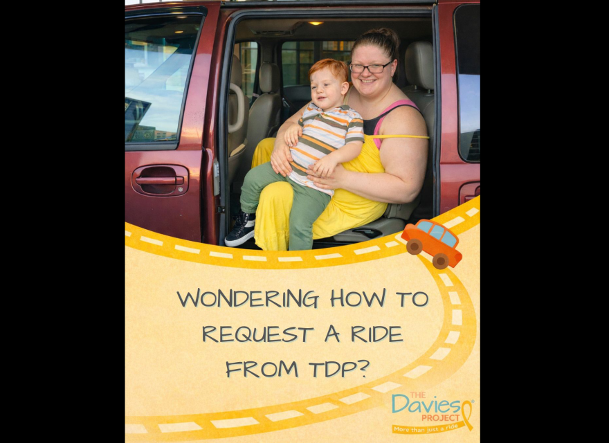 A photo shows a woman with a small child on her lap, smiling while sitting in a red minivan or SUV seat with the door open. The photo has graphics added to it that say, 'wondering how to request a ride from TDP?'