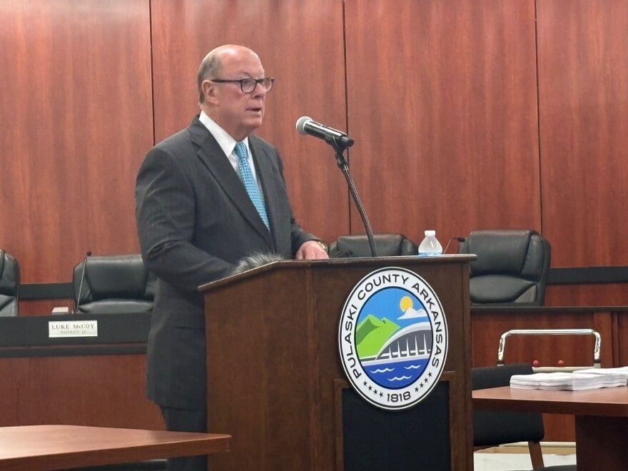 Pulaski County Judge Barry Hyde addresses the media at the county's administration building in downtown Little Rock on Friday, April 17, 2026.