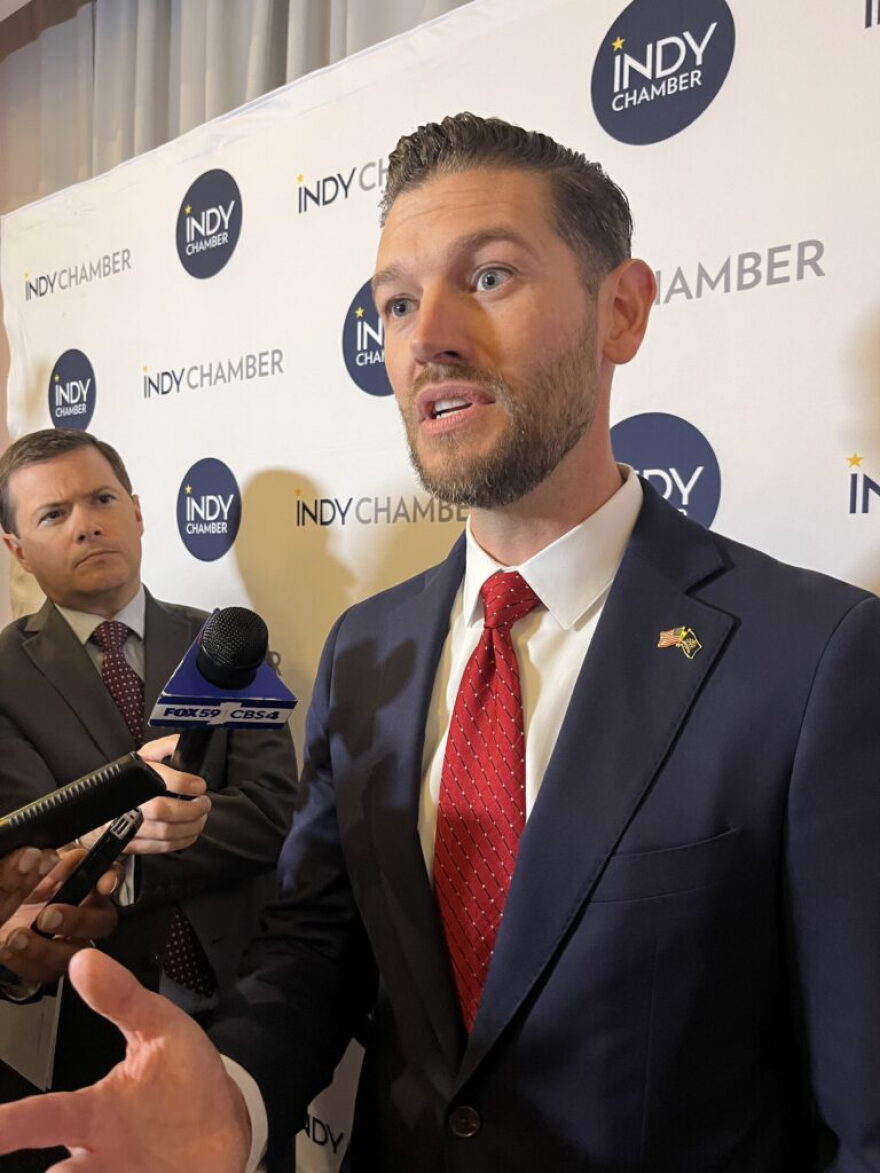 Republican Max Engling speaks to reporters after a debate on Aug. 26, 2026. (Photo by Niki Kelly/Indiana Capital Chronicle)