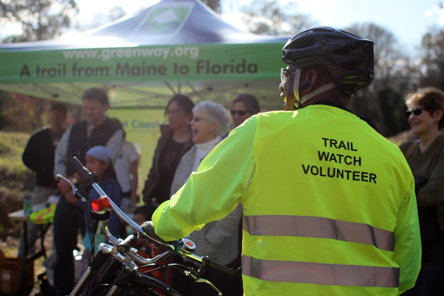 A trail watch volunteer at tDurham's trail season kickoff on April 5.