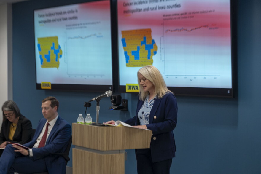 University of Iowa researcher Mary Charlton gives an update on a state-funded study on the state's high cancer rates on Sept. 29, 2026.