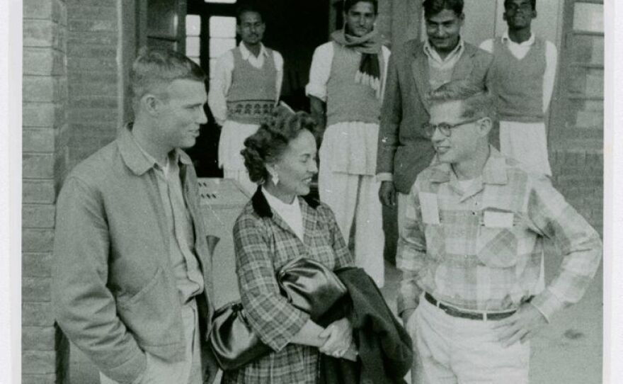 Pauline Birky with 2 Pakistan volunteers 1962.jpg