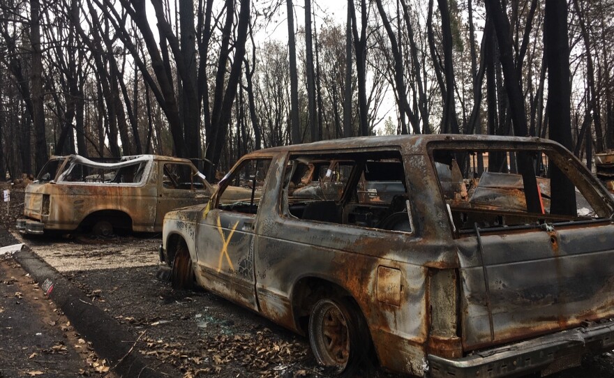 Many of the lots in the burned out towns above Chico still have the charred remains of cars that need to be cleared out.