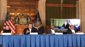 Governor Cuomo and his aides give a budget briefing on Sunday, March 31. 