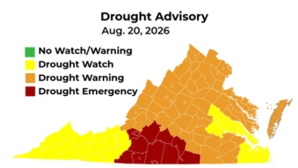 A map of Virginia drought advisories as of August 20th, 2026.