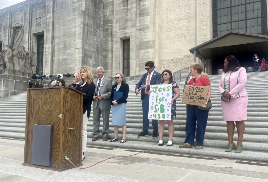 Members of advocacy group Jews Against Gassing gather on the steps of the state Capitol on April 16, 2024, in support of a bill to remove nitrogen hypoxia as an execution method in Louisiana.