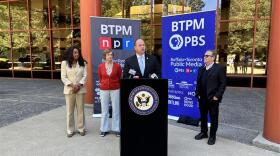 Rep. Tim Kennedy (D) standing in front of Buffalo Toronto Public Media in downtown Buffalo. Kennedy called the rescission of federal funds previously allocated to public media stations an "attack on journalism."