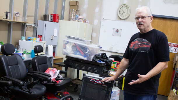 Doug Griswold volunteers to refurbish power chairs at the Wichita Medical Loan Closet. The organization provides a wide range of donated items for little or no cost to the public.