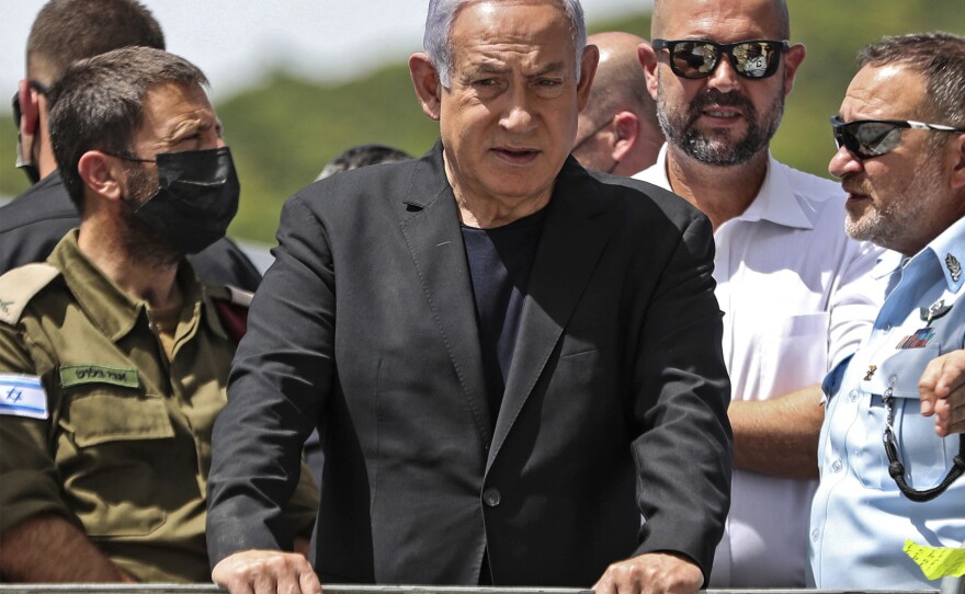 Israeli Prime Minister Benjamin Netanyahu visits the site of an overnight stampede during an ultra-Orthodox religious gathering in the northern Israeli town of Meron, on Friday.