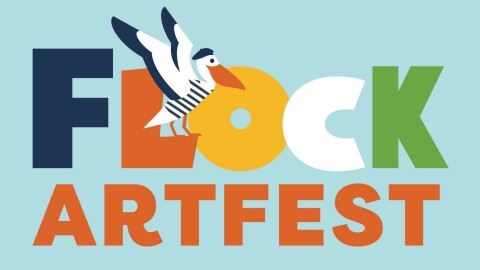 Colorful lettering spelling out "Flock Artfest" with an illustrated bird wearing a barrette"