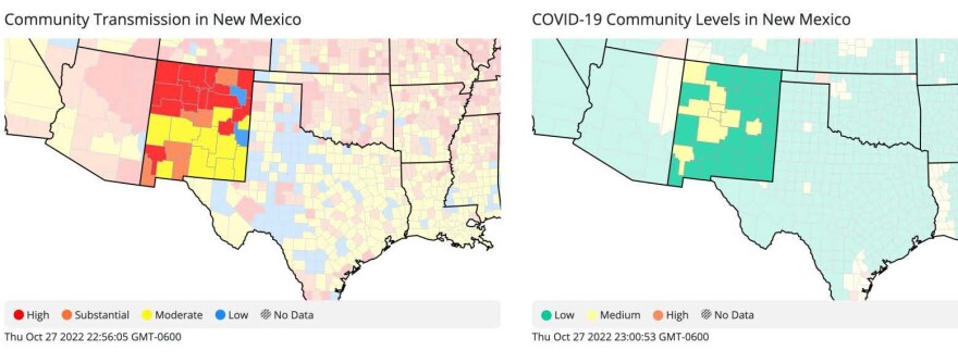 CDC Community Transmission Map, used by health care workers, like Acting Secretary Dr. David Scrase at New Mexico Department of Health, to advise at-risk patients (Left), is the CDC metric of risk, determined by transmission and test positivity rates. It was used by NMDOH and CDC to advise localities before February 25, 2022. The COVID Community Levels Map (Right) is the current metric that combines transmission with hospitalization data like COVID19 admissions and ICU use. Current CDC/NMDOH guidance to the general public is determined by the metric on the right. Both metrics are still available via the CDC COVID-19 Data Tracker--these are for New Mexico from October 27, 2022, reflecting reported data from 10/19-10/26/22. These maps are reflective of the previous week, not projections