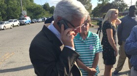 Attorney Don Knight on the phone with Richard Glossip outside the Oklahoma State Penitentiary in McAlester.