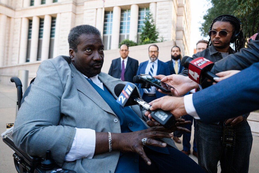 St. Louis Sheriff’s Office Attorney David Mason speaks to the press after Sheriff Alfred Montgomery was indicted on five federal felonies outside the Thomas F. Eagleton U.S. Courthouse on Thursday, Oct. 9, 2025, in downtown St. Louis.