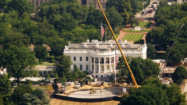 Construction continues on a new helipad on the South Lawn of the White House on July 2, 2026 in Washington, DC. The new helipad is being constructed to accommodate the VH-92A Patriot helicopter that will be used as Marine One, an aircraft that generates significant exhaust heat that would damage the traditional grass landing zone.