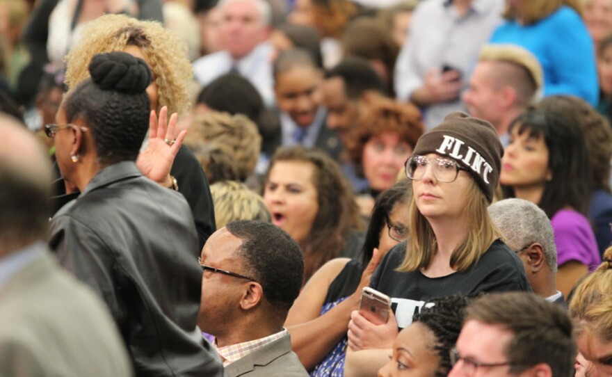 Crowd waits to hear President Obama speak in Flint, Michigan.
