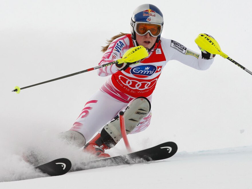 In this Jan. 29 file photo, Lindsey Vonn of the United States speeds down the course in St. Moritz, Switzerland. Vonn revealed Wednesday she bruised her right shin while training last week.