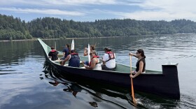 Aliya Choke guides a crew during a practice run at Solo Point for the tribal canoe journey 2026, to the Nisqually Medicine Creek Potlach, near Olympia. 