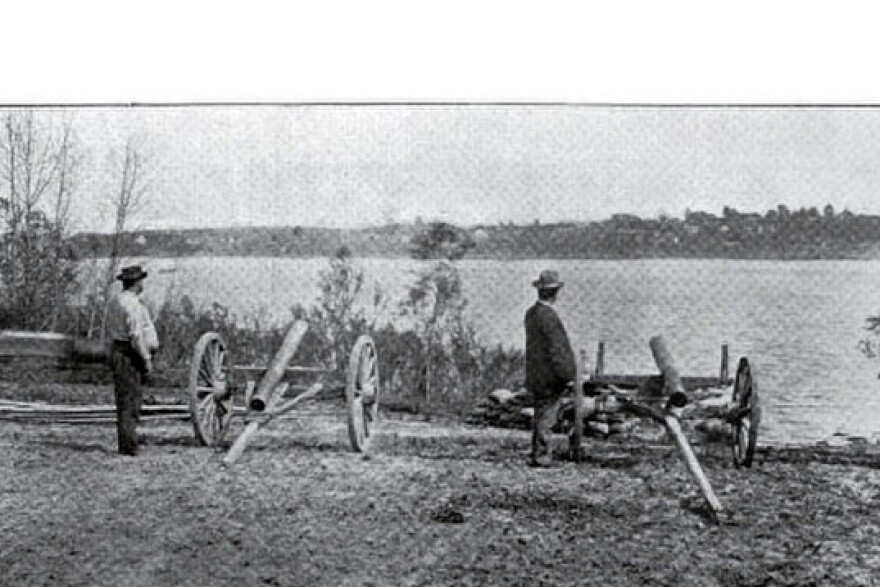 After escaping Newburgh, Johnson and his men left the "cannons" along the riverbank. When Union troops crossed the river, they found a charred log and stove pipe.