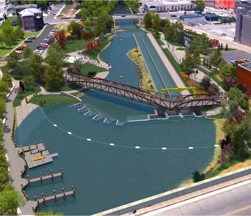 An animated rendering of the FishPass Project after construction at the current site of the Union Street Dam in the Boardman-Ottaway River in downtown Traverse City. (Photo: Great Lakes Fishery Commission)