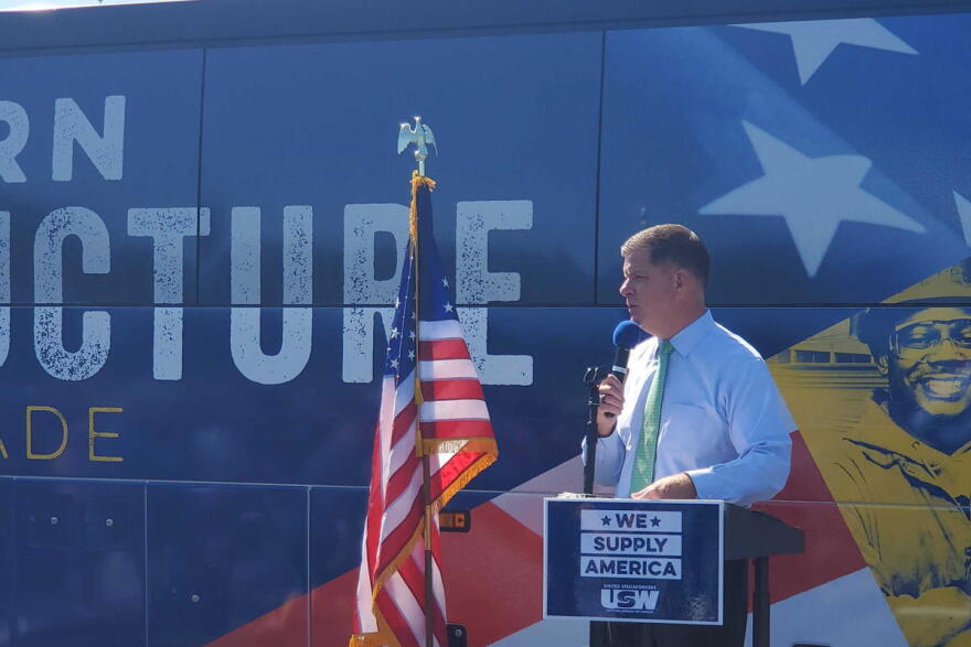 U.S. Secretary of Commerce Marty Walsh speaks at United Steelworkers' "We Supply America" bus tour.