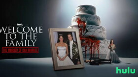 Hulu promo shot features a broken picture frame of Dan Markel and Wendi Adelson along with a bloodied wedding cake