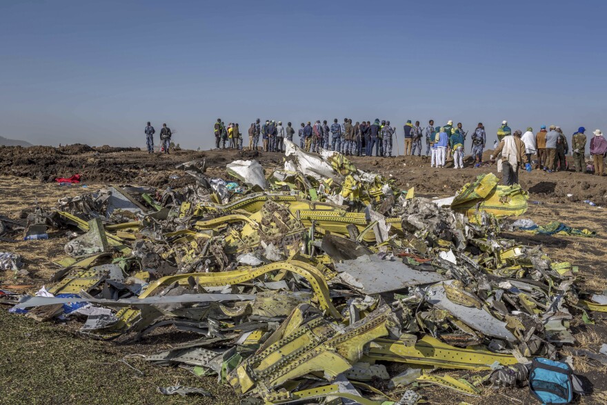 In this March 11, 2019, file photo, wreckage is piled at the crash scene of an Ethiopian Airlines flight crash outside Addis Ababa, Ethiopia. 