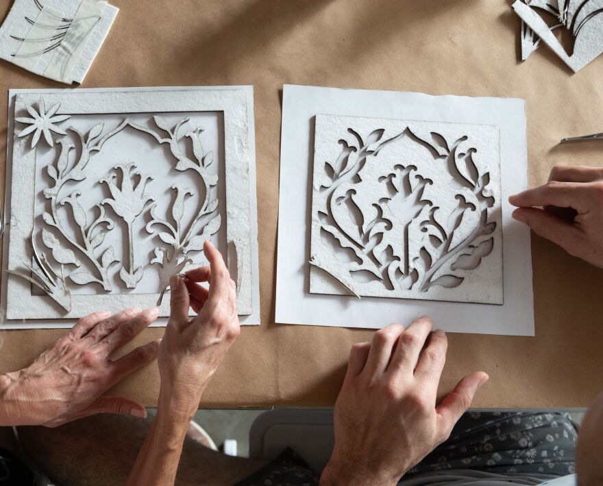 Participants in the November workshops will cut and arrange predetermined motifs onto special kiln paper which Shapiro will fire in her studio.