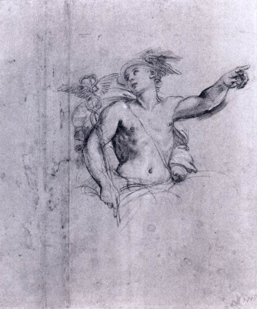 Mercury, messenger of gods, prince of tricksters and bringer of dreams, is in the morning sky an hour before sunrise in the east. Black crayon drawing by Francesco Albani, c. 1609, the same year Galileo first used a telescope to look into the sky.