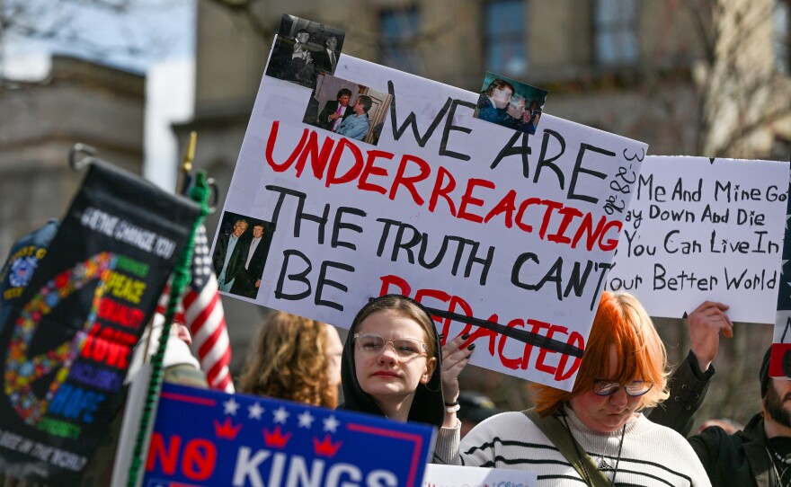 Many carried signs referencing the Epstein files at the No Kings Protest in Wilkes-Barre, PA.