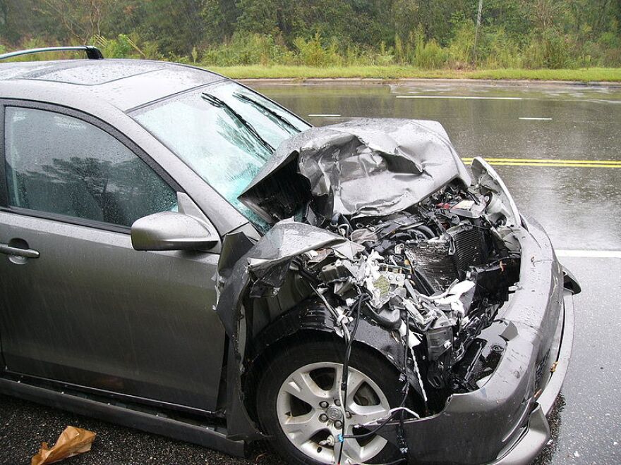 A wrecked car in Mecklenburg County, which had the highest total number of fatal crashes in 2012.