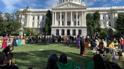 Activists rallied and Indigenous performers danced in support of a movement to halt the logging of redwoods in Jackson Demonstration State Forest at the state capital on Friday, March 25.