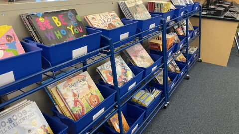 Books seen in the library at Browning Elementary School on Sept. 2, 2025, the first day of the new school year.